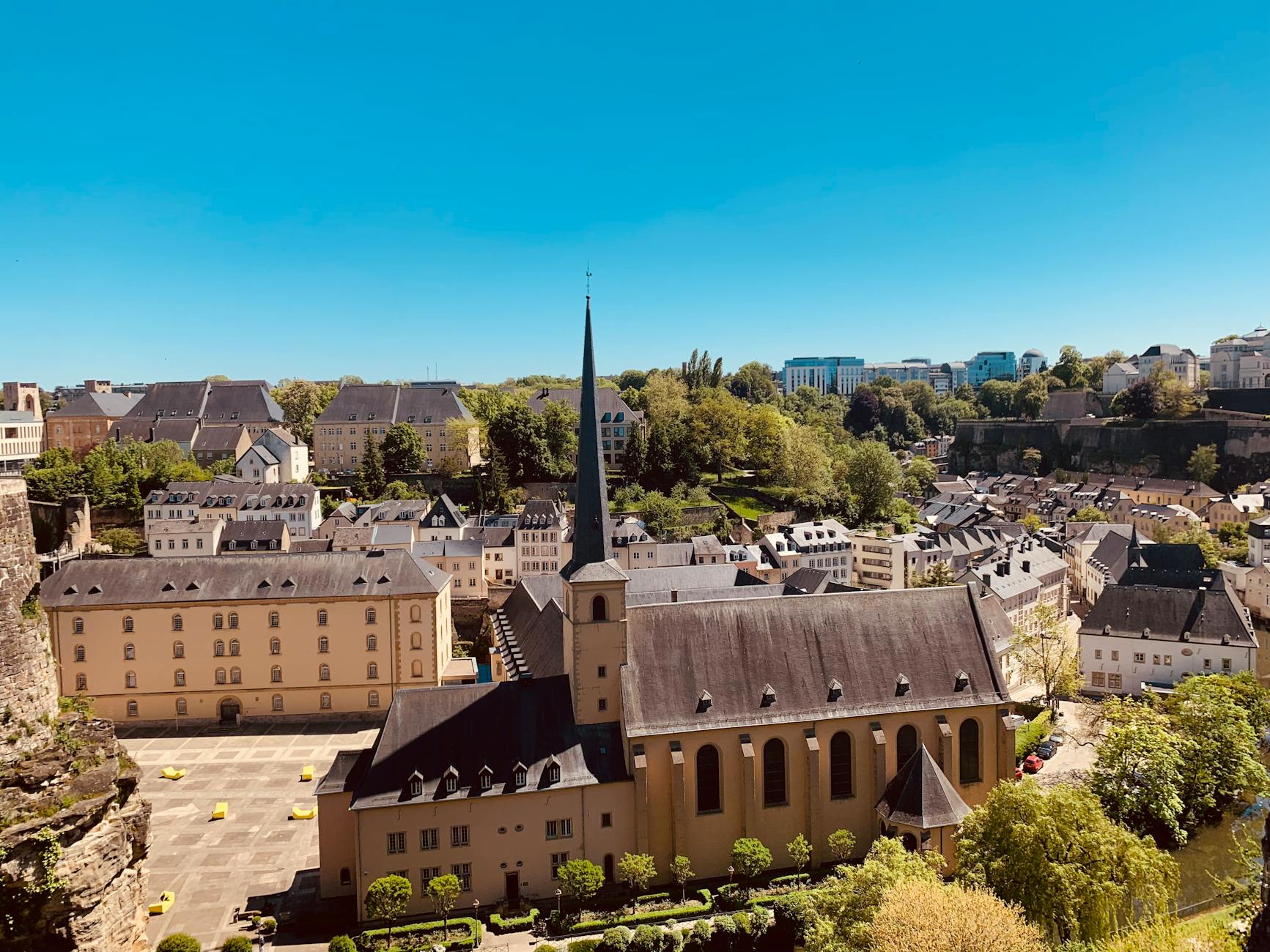 aerial view of the st john church in free parking in luxembourg